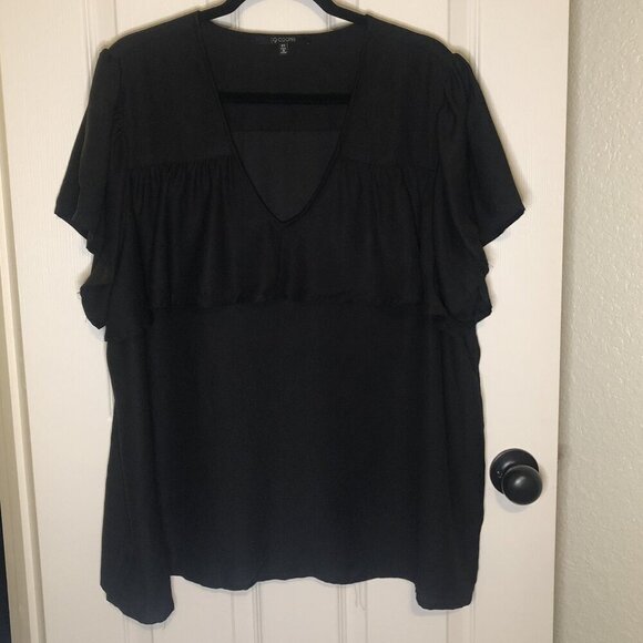 19 Cooper Tops - 19 Cooper black flutter sleeve v neck blouse with ruffle front and back size 2X